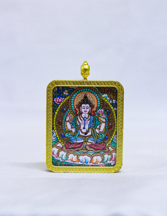 Hand-painted Chenrezig Thangka locket in a traditional Tibetan Ghau pendant featuring a gold-tone engraved frame, cloud and wave border, and red coral-style decorative bail.