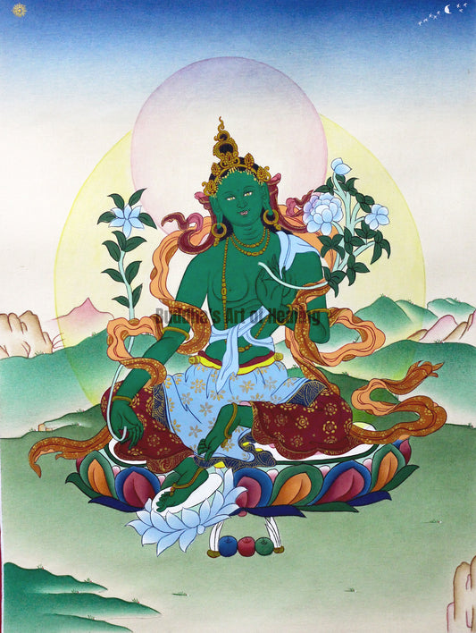 Hand-painted Green Tara painting with peaceful Himalayan landscape, seated on a lotus in a peaceful manner