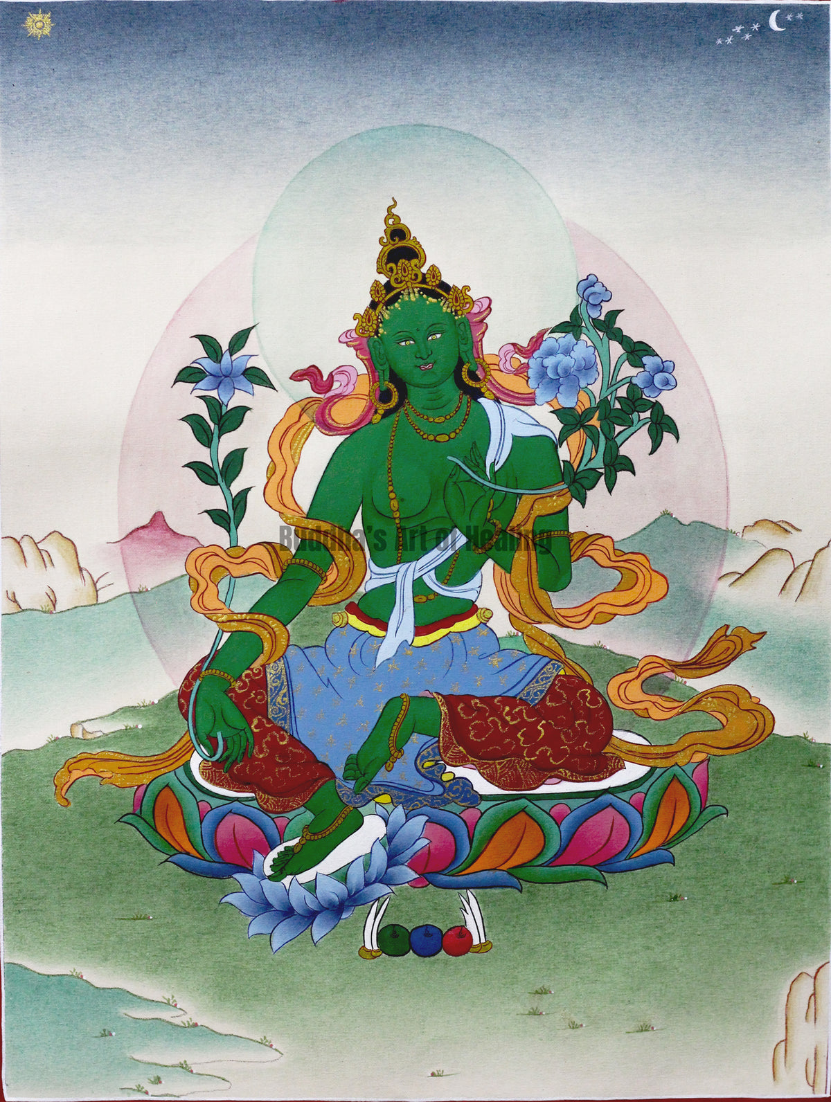 Green Tara Lotus Thangka | Hand-Painted Buddhist Thangka