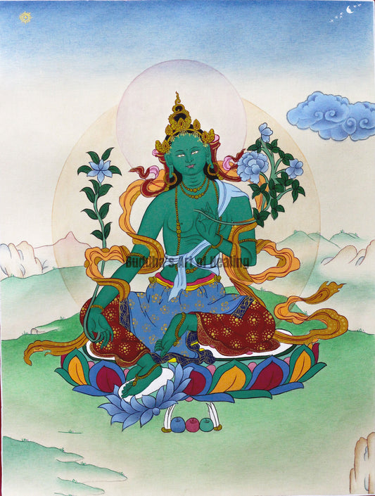 Hand-painted peaceful Green Tara Buddhist painting in traditional Tibetan Himalayan art style.