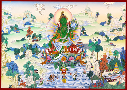 Green Tara Thangka depicting Green Tara seated on a lotus in a detailed Himalayan landscape