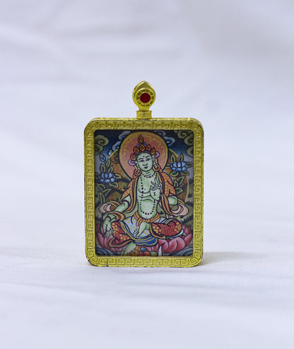 Hand-painted Green Tara thangka locket in a traditional Tibetan Ghau pendant featuring a gold-tone engraved frame, intricate cloud and wave border, red coral-style bail, and authentic Himalayan Buddhist craftmanship