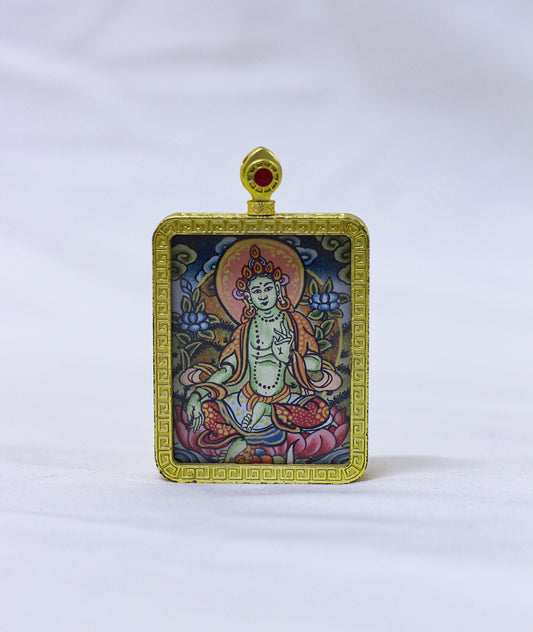 Hand-painted Green Tara thangka locket in a traditional Tibetan Ghau pendant featuring a gold-tone engraved frame, intricate cloud and wave border, red coral-style bail, and authentic Himalayan Buddhist craftmanship
