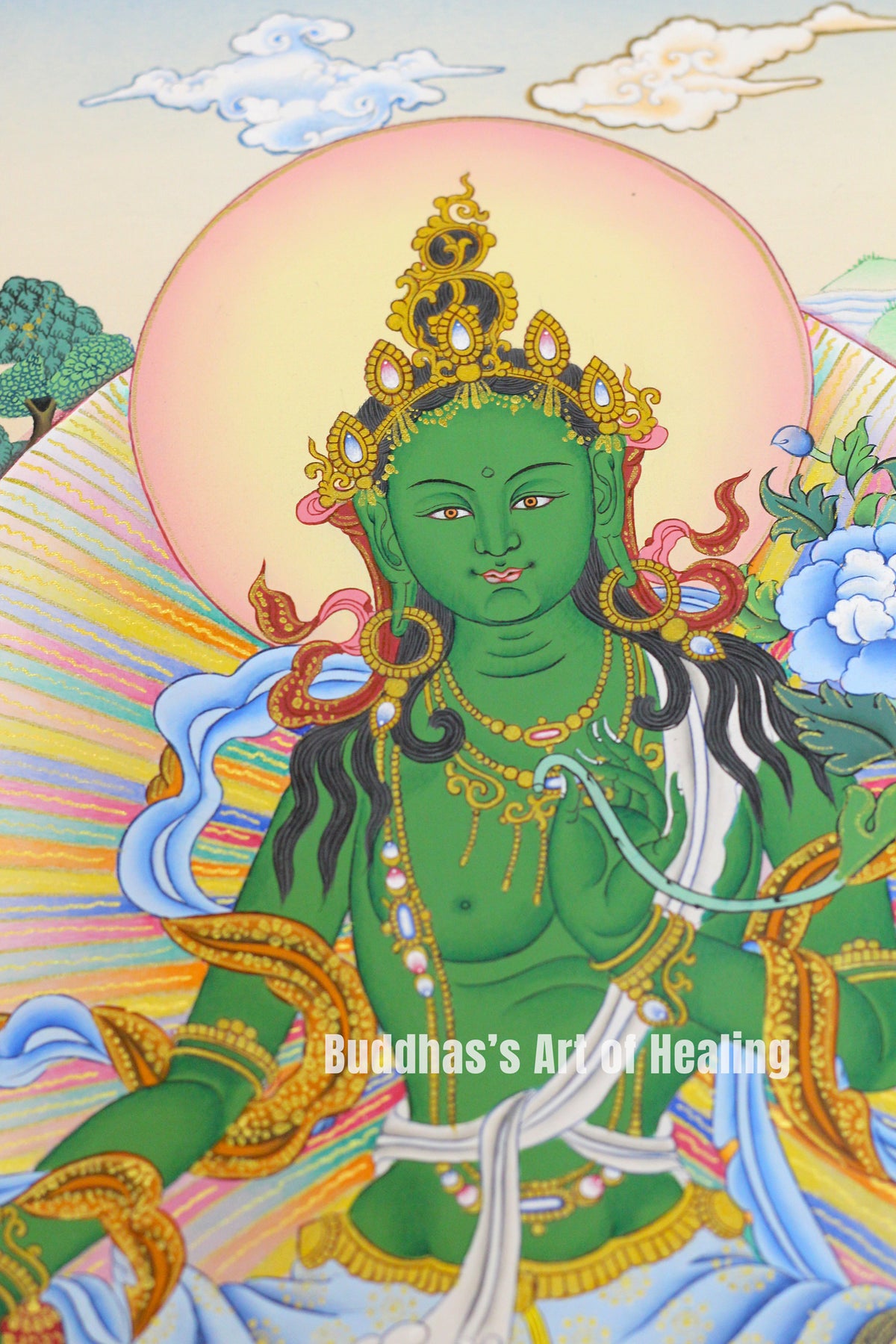 Traditional Green Tara Buddhist Thangka with Himalayan landscape