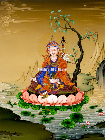 Guru Rinpoche Thangka seated on a lotus amid a Himalayan landscape