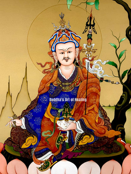 Close-up of Guru Rinpoche Thangka showing his traditional crown, ornate robes, jewelry, and ritual khatvanga