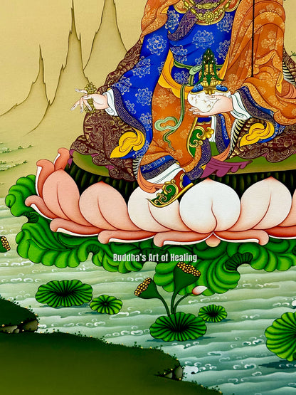 Detailed close-up of Padmasambhava Thangka featuring colorful robes, lotus throne, sacred water, mountains, and Himalayan landscape