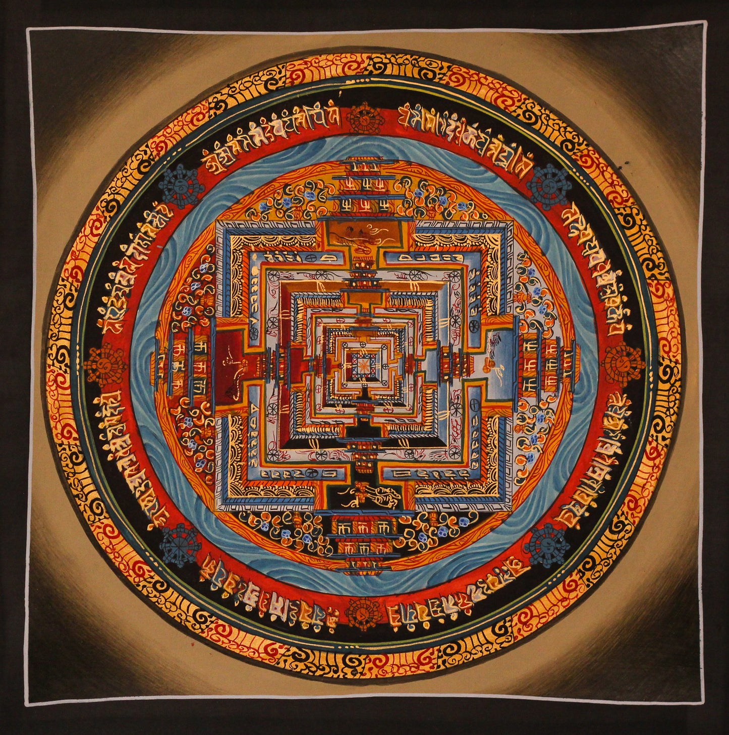 An authentic Kalachakra mandala thangka featuring the sacred Wheel of Time with intricate Tibetan Buddhist geometric design, natural mineral pigments, and genuine gold detailing.