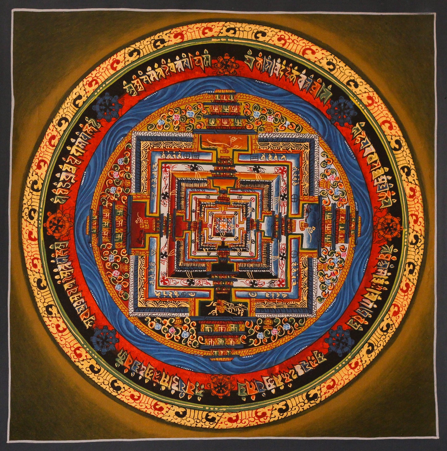 Hand-Painted Kalachakra Mandala Olive Base Background