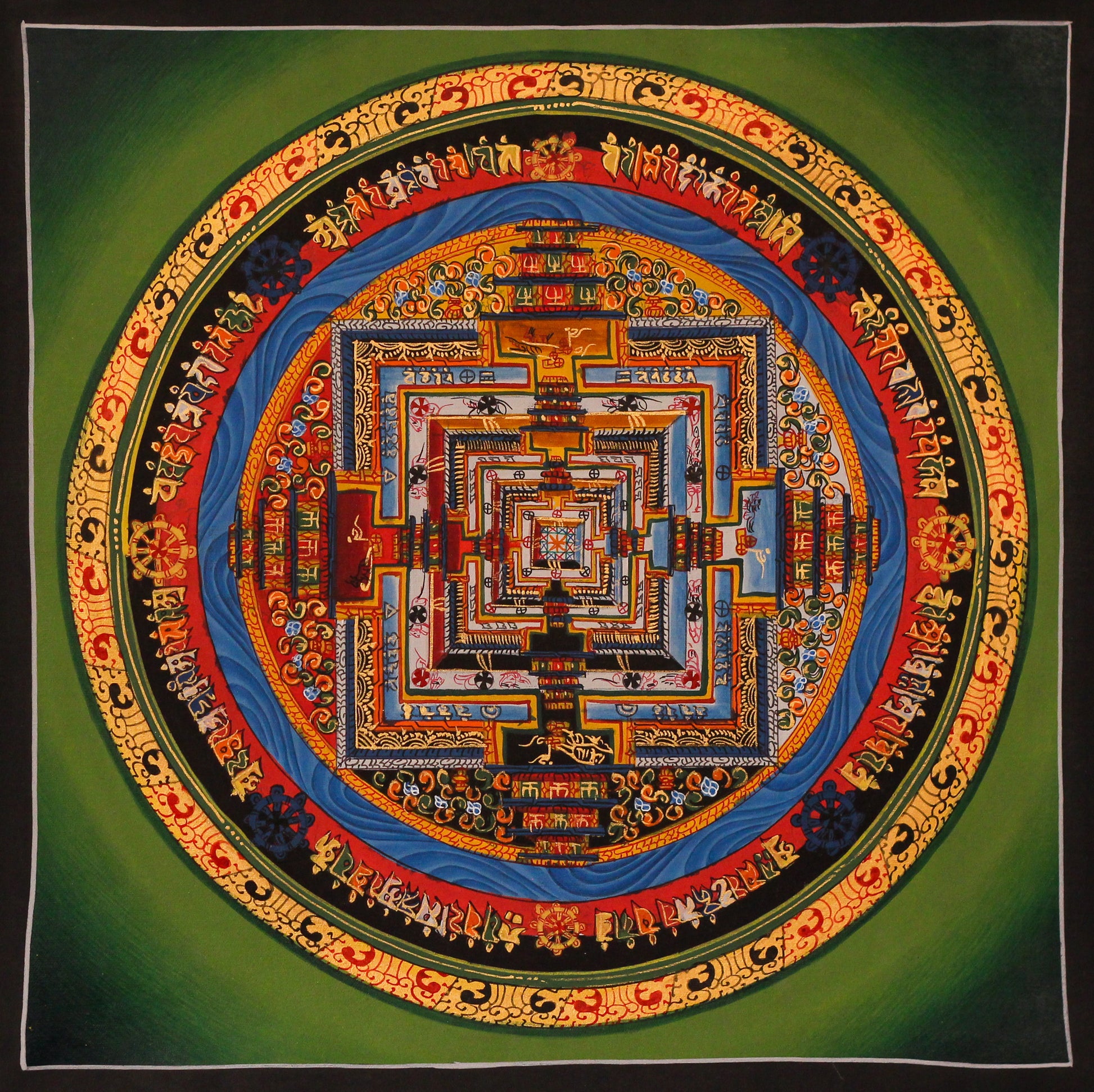 Authentic Kalachakra Mandala Tibetan thangka artwork painted with natural pigments and detailed concentric mandala architecture.