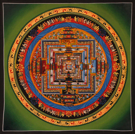 Authentic Kalachakra Mandala Tibetan thangka artwork painted with natural pigments and detailed concentric mandala architecture.