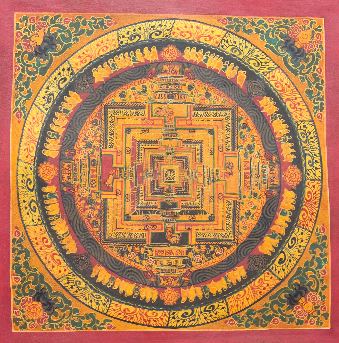 Authentic hand-painted traditional Tibetan Kalachakra mandala thangka featuring the sacred Wheel of Time with an intricate Tibetan Buddhist geometric design, natural mineral pigments, and genuine gold detailing.