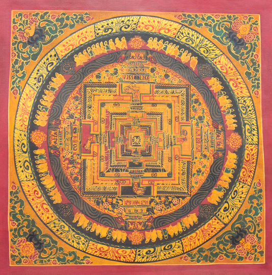 Authentic hand-painted traditional Tibetan Kalachakra mandala thangka featuring the sacred Wheel of Time with an intricate Tibetan Buddhist geometric design, natural mineral pigments, and genuine gold detailing.