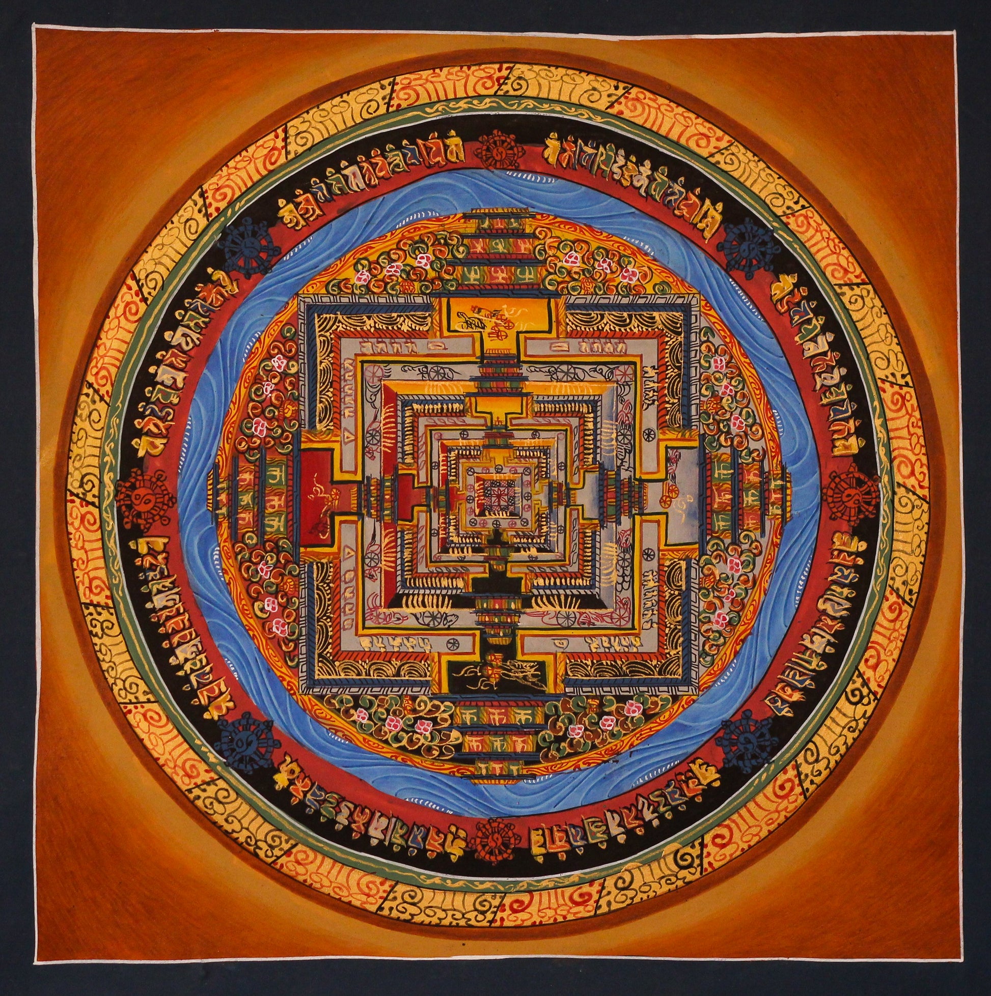 Hand-painted Tibetan Kalachakra mandala featuring traditional Tibetan Buddhist sacred geometry for meditation, spiritual practice, and home altar decor against an orange background.