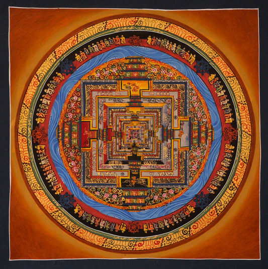 Hand-painted Tibetan Kalachakra mandala featuring traditional Tibetan Buddhist sacred geometry for meditation, spiritual practice, and home altar decor against an orange background.