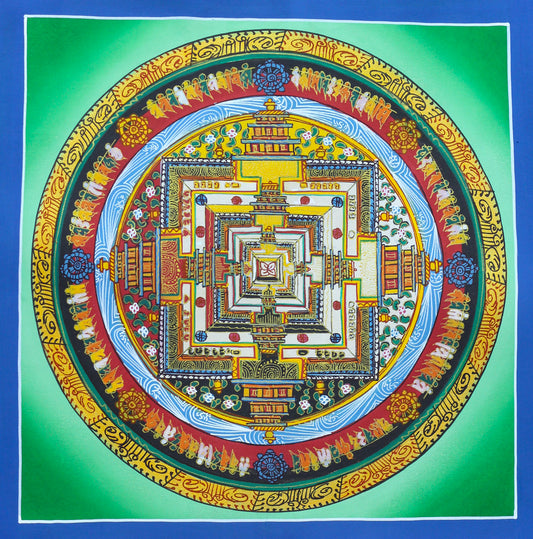 Authentic Green Kalachakra mandala thangka featuring the sacred Wheel of Time meditation mandala