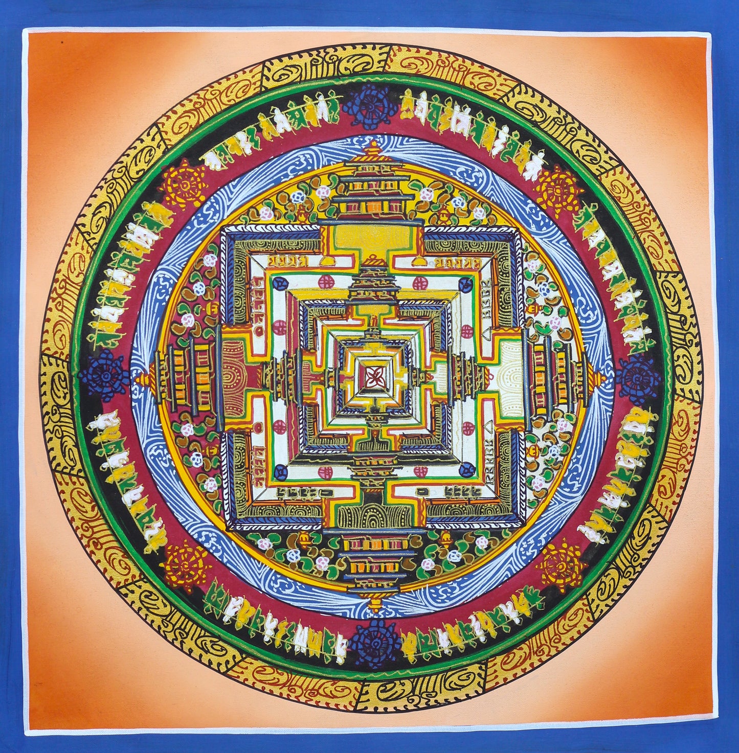 Orange Kalachakra mandala thangka hand-painted Tibetan Wheel of Time sacred Buddhist artwork