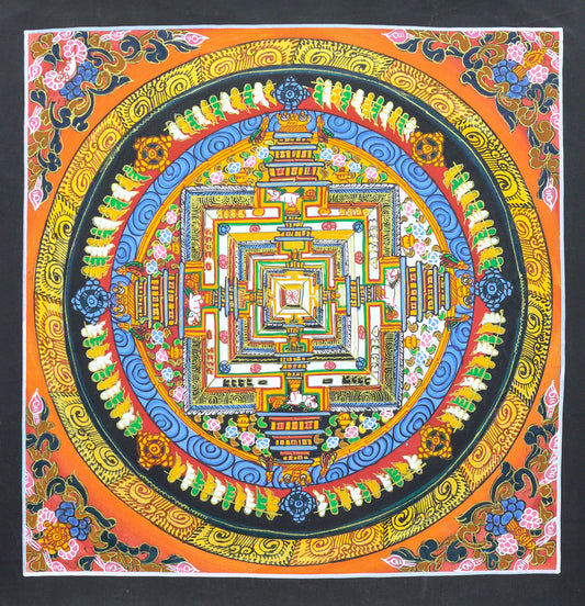 Traditional Floral Border Orange Kalachakra mandala thangka featuring sacred geometric patterns and Buddhist symbolism.