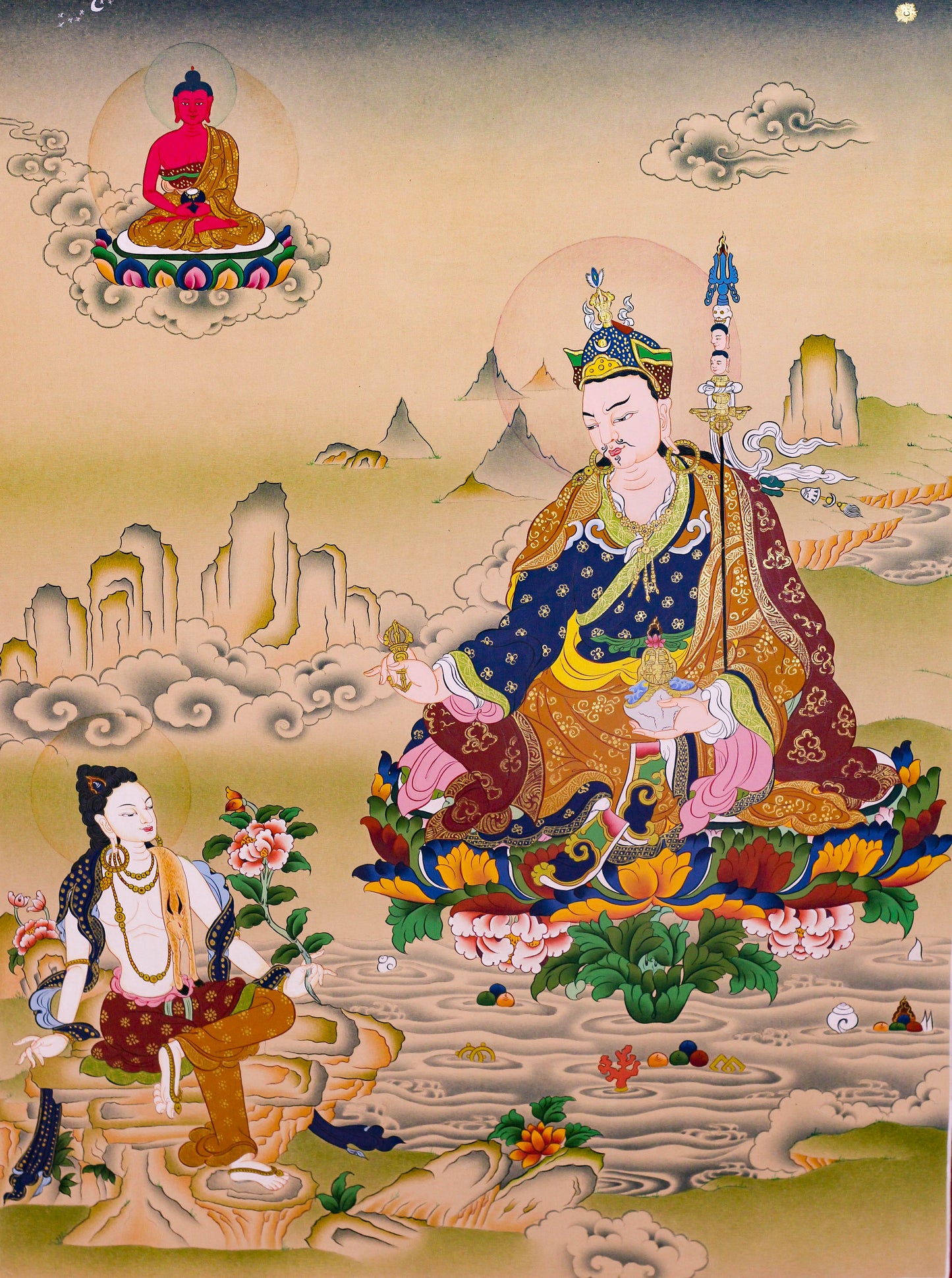 Guru Rinpoche with Amitabha Buddha and Chenrezig thangka 