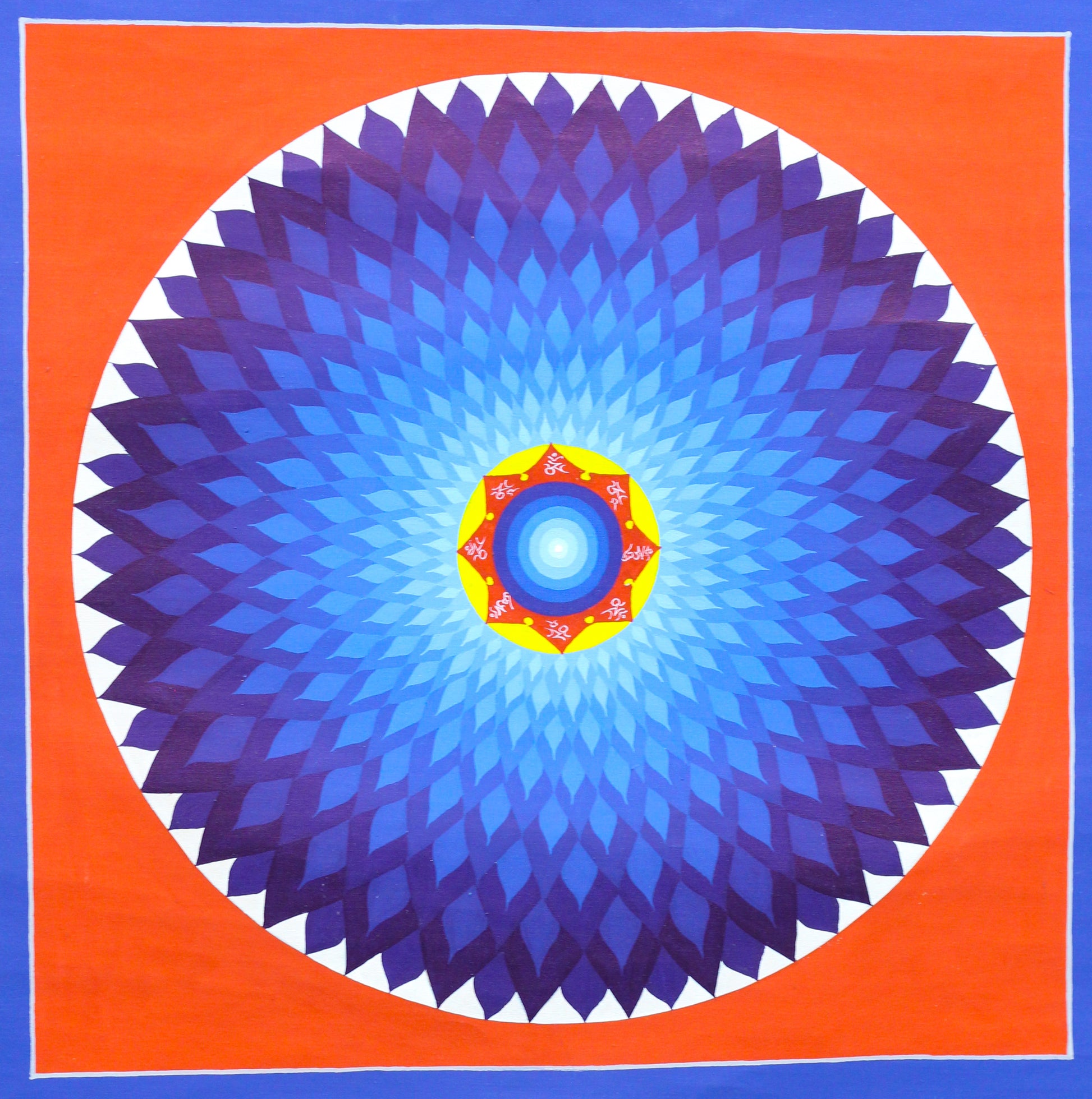 Orange-red background Lotus Mandala featuring the cosmic Bindu, Tibetan seed syllables, and blue lotus petals.