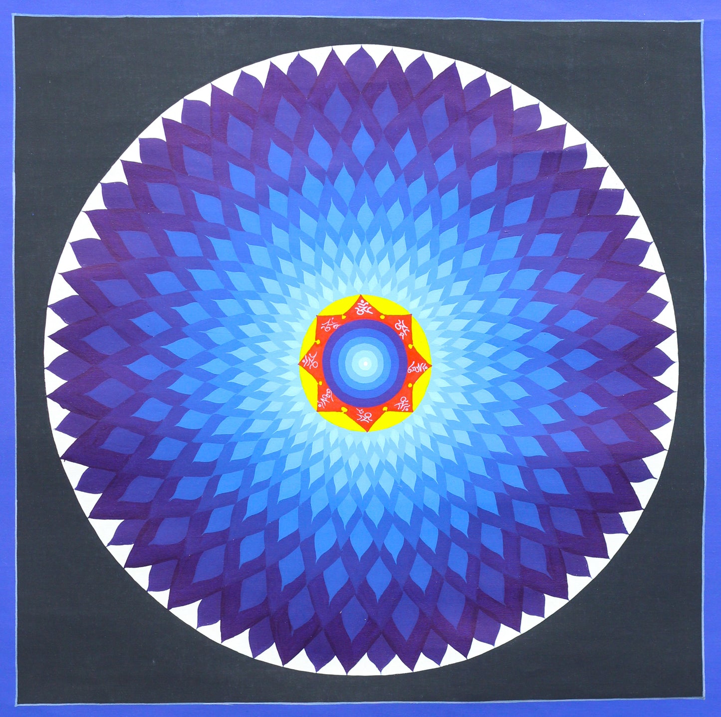 Hand-painted Lotus Mandala Thangka featuring the Ring of Wisdom Fire, an eight-petaled golden lotus, Tibetan mantra seed syllables, a sacred Bindu, and blue lotus geometry.
