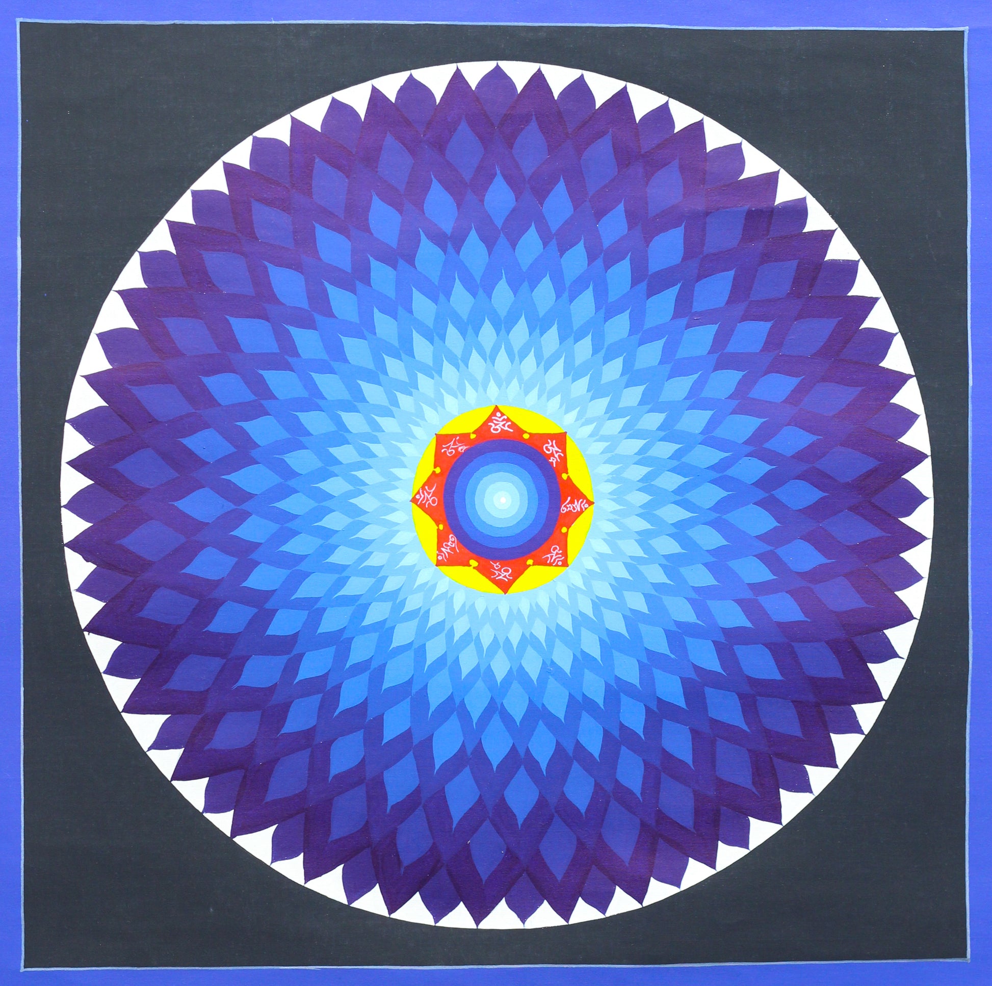 Hand-painted Lotus Mandala Thangka featuring the Ring of Wisdom Fire, an eight-petaled golden lotus, Tibetan mantra seed syllables, a sacred Bindu, and blue lotus geometry.