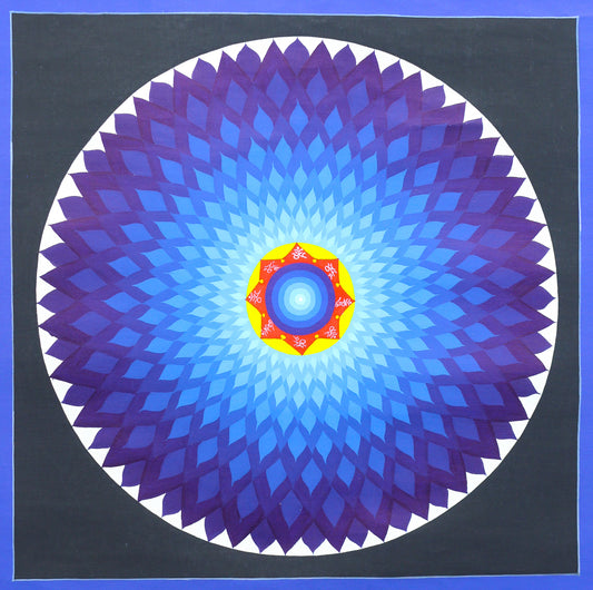 Hand-painted Lotus Mandala Thangka featuring the Ring of Wisdom Fire, an eight-petaled golden lotus, Tibetan mantra seed syllables, a sacred Bindu, and blue lotus geometry.