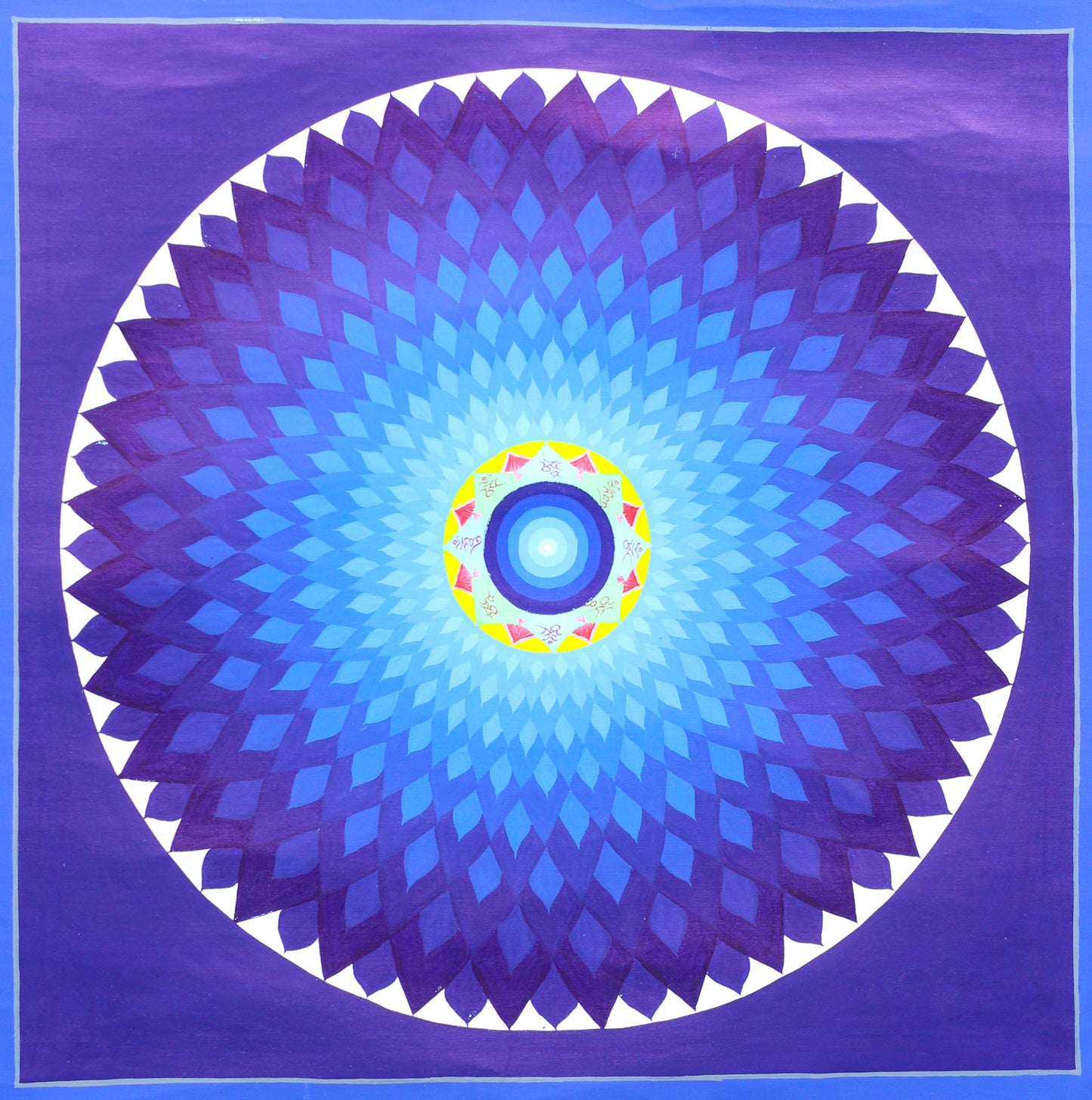 Hand-painted Blue Lotus Mandala Thangka featuring the cosmic Bindu, sacred mantra ring, concentric lotus petals, and protective vajra flames.