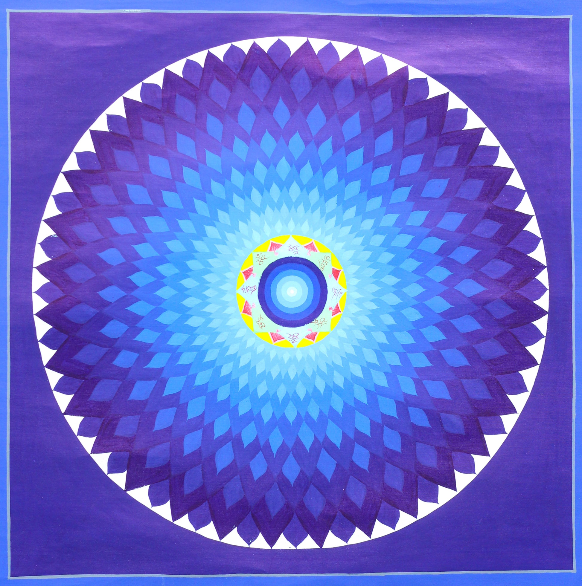 Hand-painted Blue Lotus Mandala Thangka featuring the cosmic Bindu, sacred mantra ring, concentric lotus petals, and protective vajra flames.