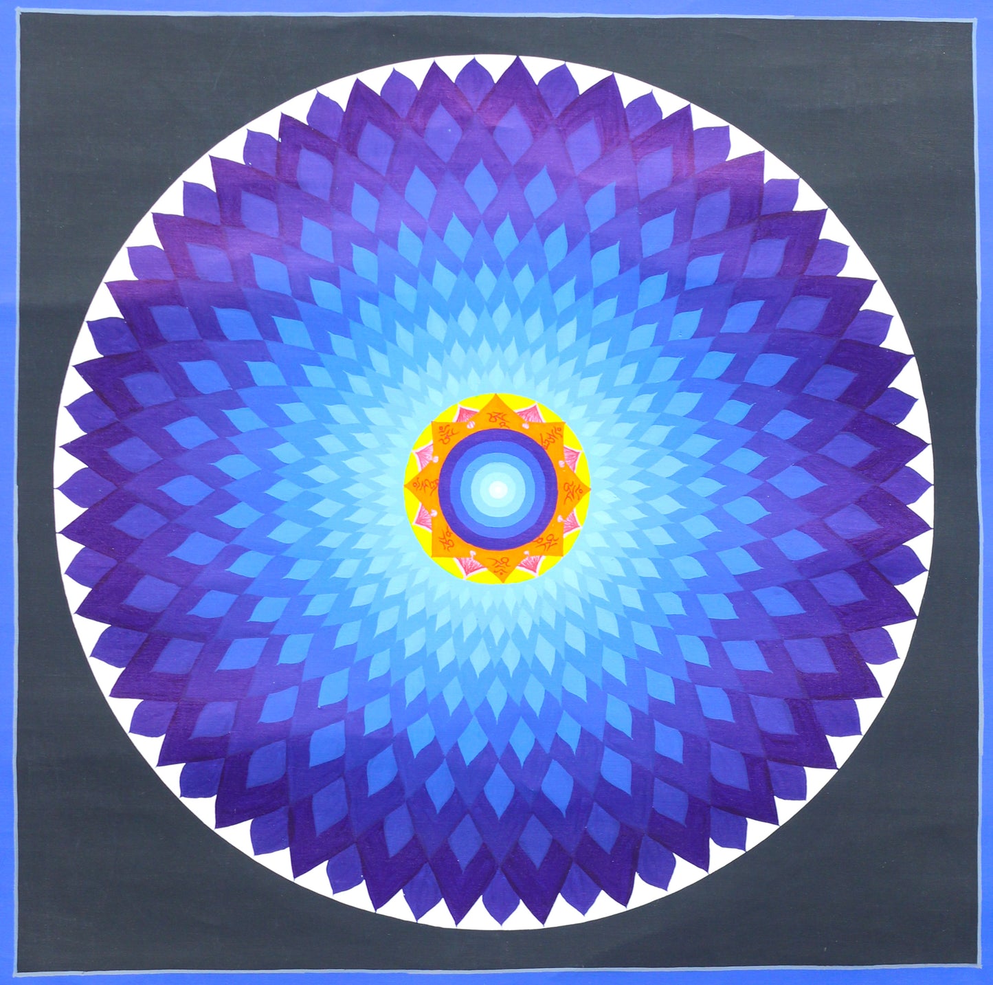 Hand-painted Black Background Lotus Mandala Thangka featuring blue lotus petals, luminous Bindu, and traditional Nagtang symbolism.
