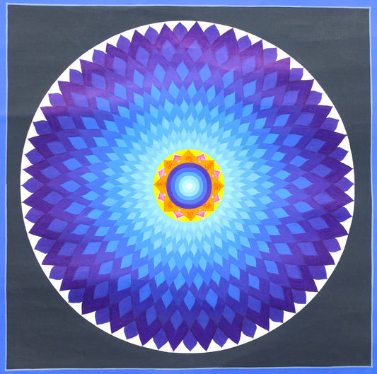 Hand-painted Black Background Lotus Mandala Thangka featuring blue lotus petals, luminous Bindu, and traditional Nagtang symbolism.