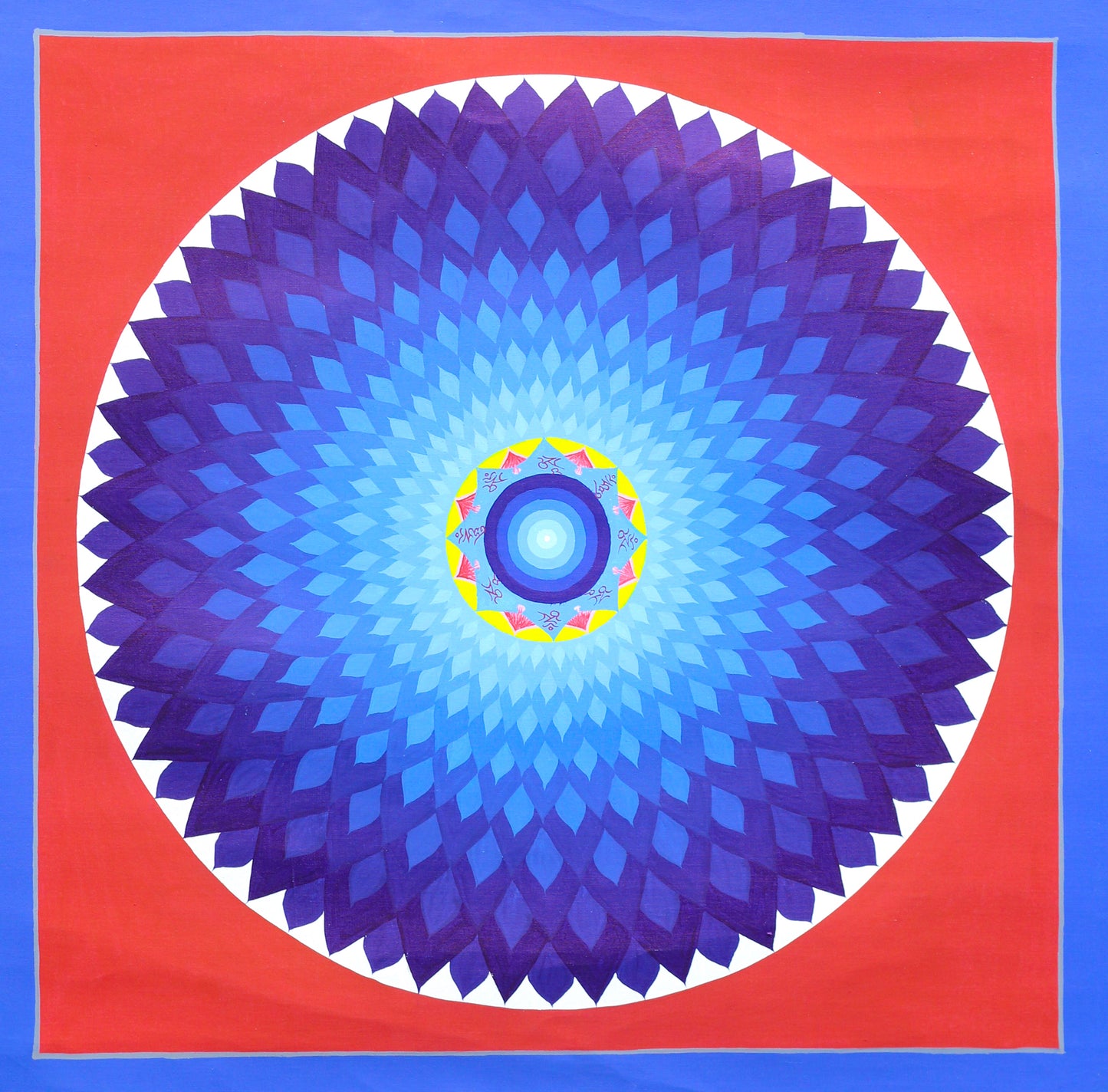 Hand-painted Lotus Mandala Thangka featuring the cosmic Bindu, thousand-petaled lotus, Tibetan seed syllables, sacred geometry, and gold detailing.