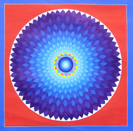 Hand-painted Lotus Mandala Thangka featuring the cosmic Bindu, thousand-petaled lotus, Tibetan seed syllables, sacred geometry, and gold detailing.