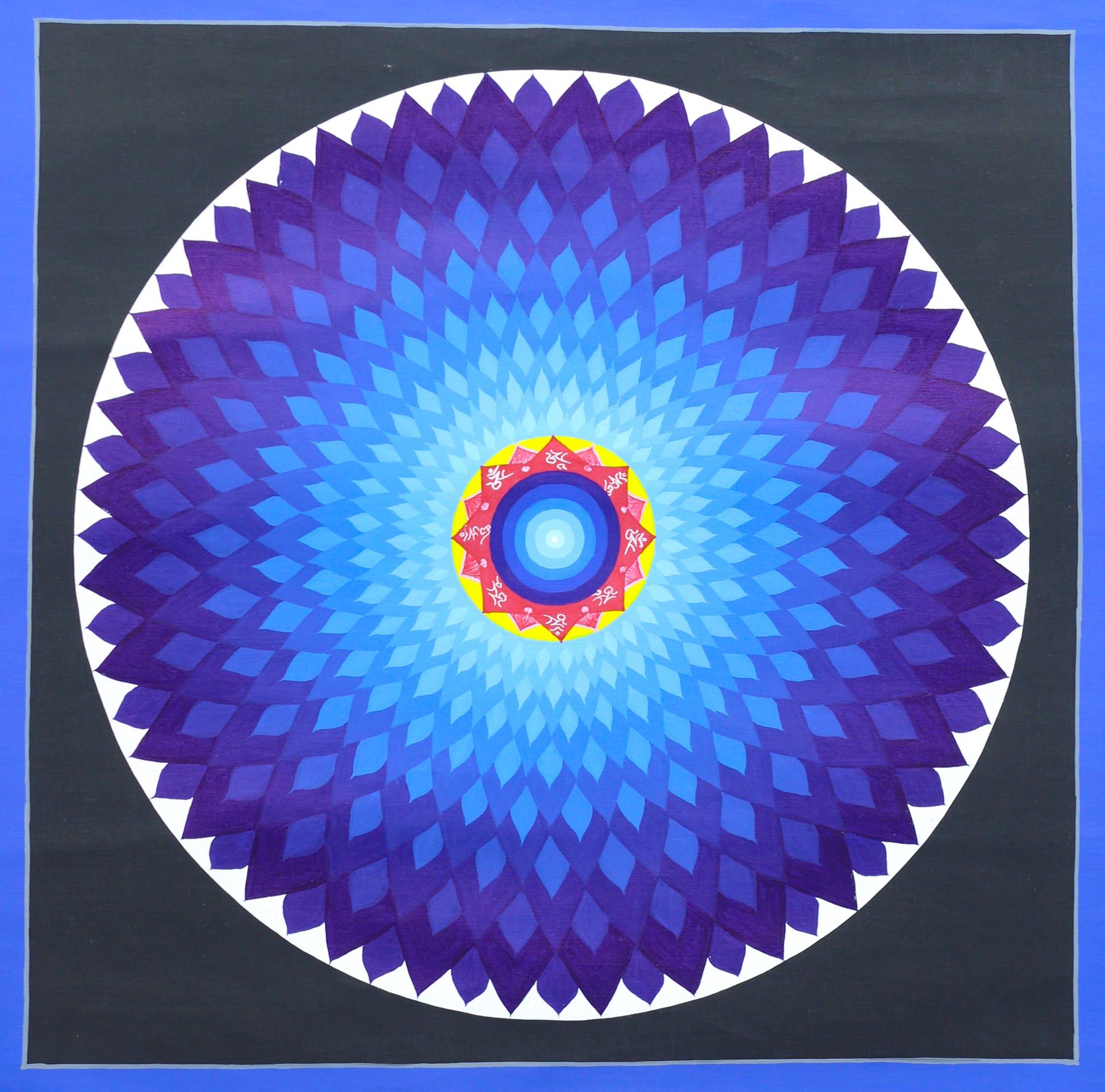 Hand-painted Lotus Mandala Thangka with concentric lotus petals, Tibetan mantra inscriptions, a protective wisdom ring, a luminous Bindu, and traditional Himalayan craftsmanship.