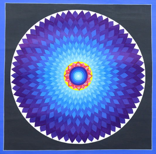 Hand-painted Lotus Mandala Thangka with concentric lotus petals, Tibetan mantra inscriptions, a protective wisdom ring, a luminous Bindu, and traditional Himalayan craftsmanship.
