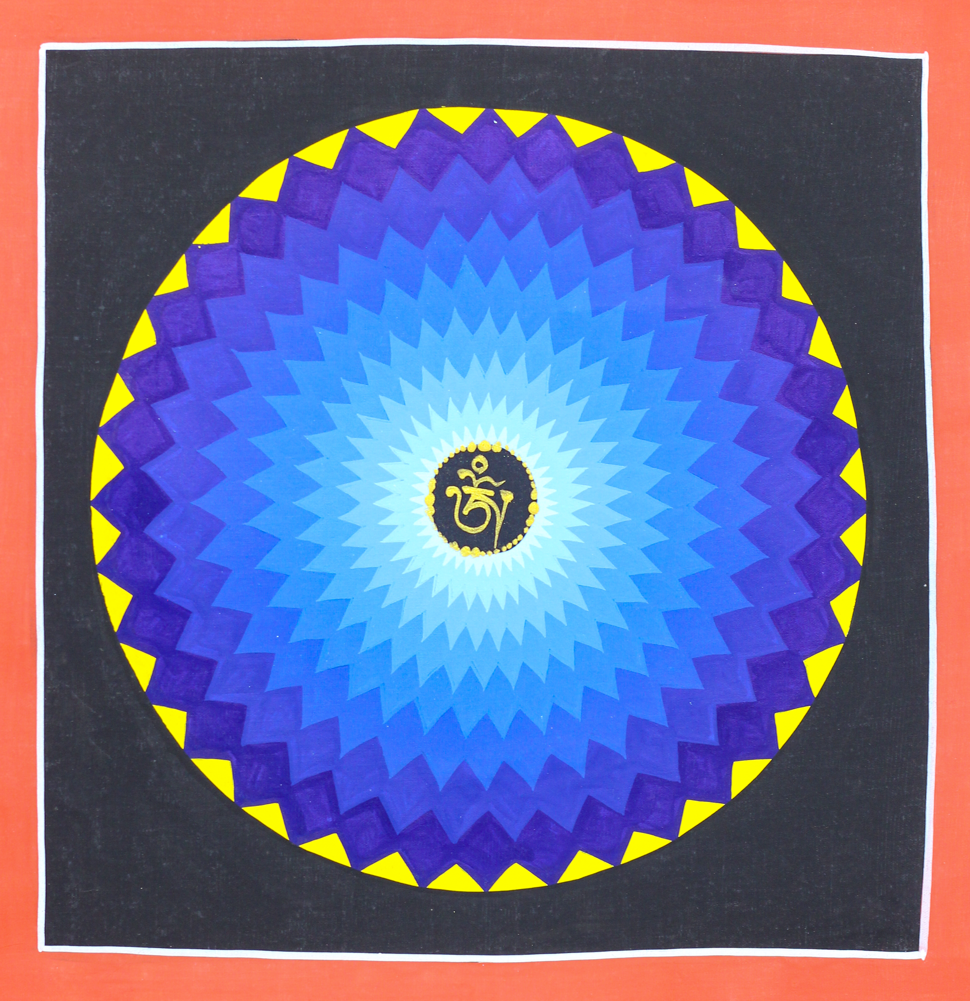 A hand-painted lotus mandala thangka with sacred blue lotus petal and Om symbol created using natural pigments and gold essence