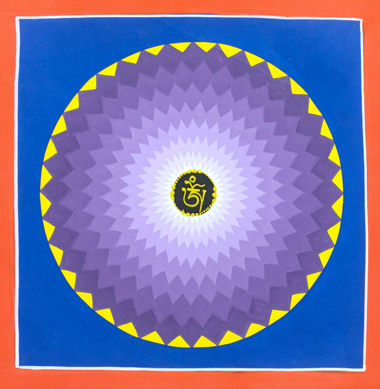 Blue Lotus Mandala Thangka hand-painted with sacred Om symbol using natural mineral pigments and gold detailing.