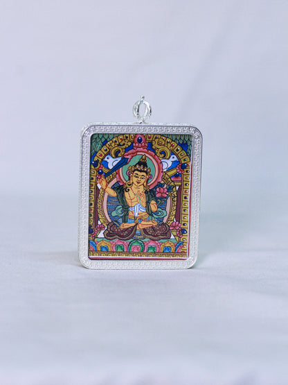 A rectangular silver-toned Manjushri thangka butti pendant. Spiritual buddhist amulet locket
