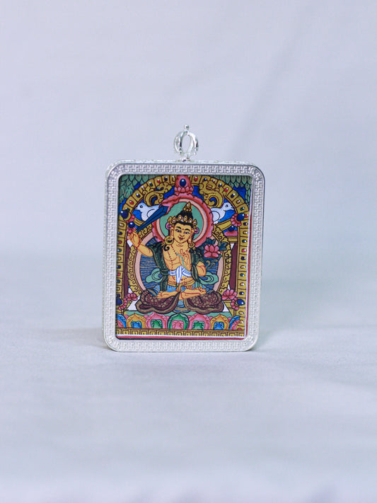 A rectangular silver-toned Manjushri thangka butti pendant. Spiritual buddhist amulet locket