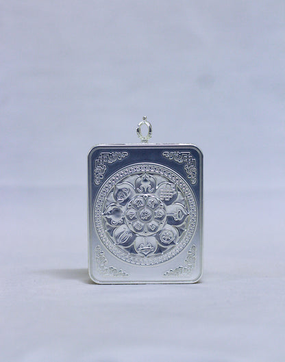 Back view of Amitabha Buddha butti thangka pendant showing silver-toned handcrafted metal finish and pendant structure