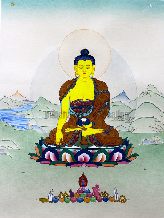 Enlightened Shakyamuni Buddha seated on a lotus in a serene Himalayan landscape