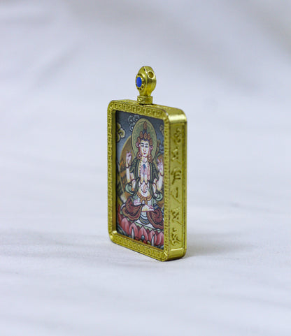 Side profile of the square Chenrezig butti thangka pendant showcasing its handcrafted locket depth and elegant construction