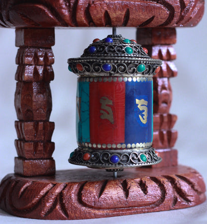 Small-Sized Tibetan Prayer Wheel in Carved Wooden Display Frame