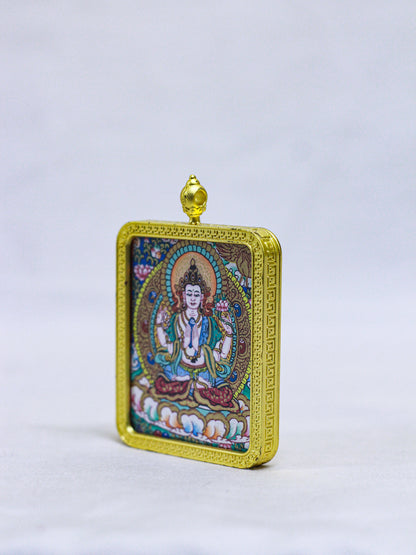 Side profile of a handmade Chenrezig Tibetan Ghau Thangka locket engraved with traditional Buddhist auspicious symbols and intricate Himalayan metalwork.