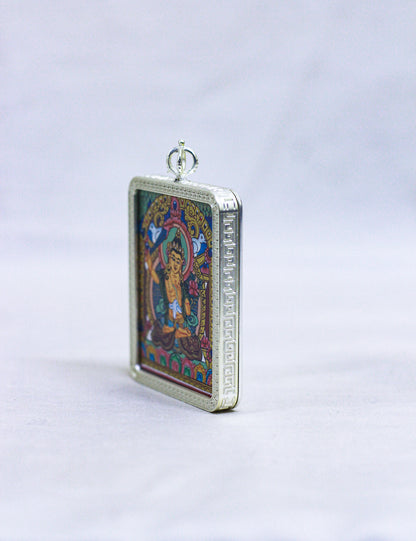 Side of the rectangular silver-toned pendant featuring Manjushri, traditional tibetan pendant locket 