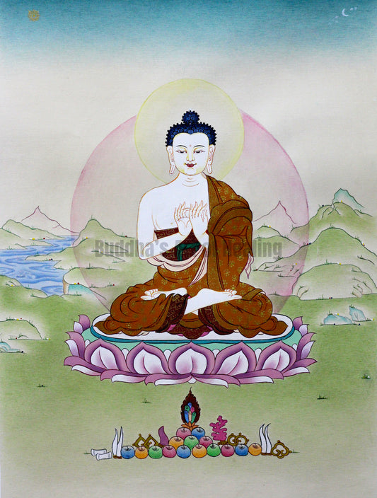 Radiant Vairocana Buddha seated in a serene Himalayan landscape in a traditional Buddhist thangka