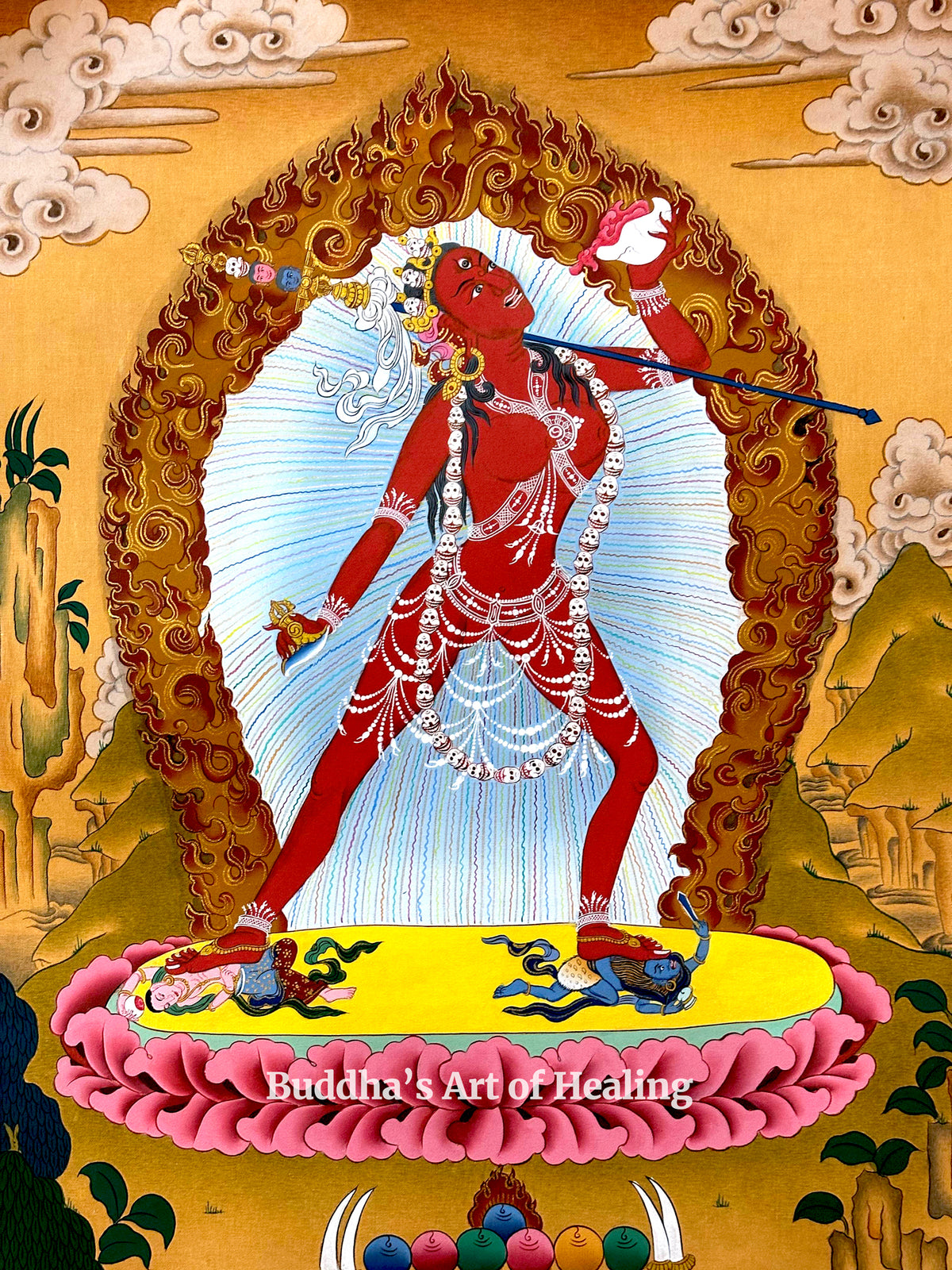 Vajrayogini thangka in golden background, red dakini dancing on a pink lotus inside a gold-lined flame arch