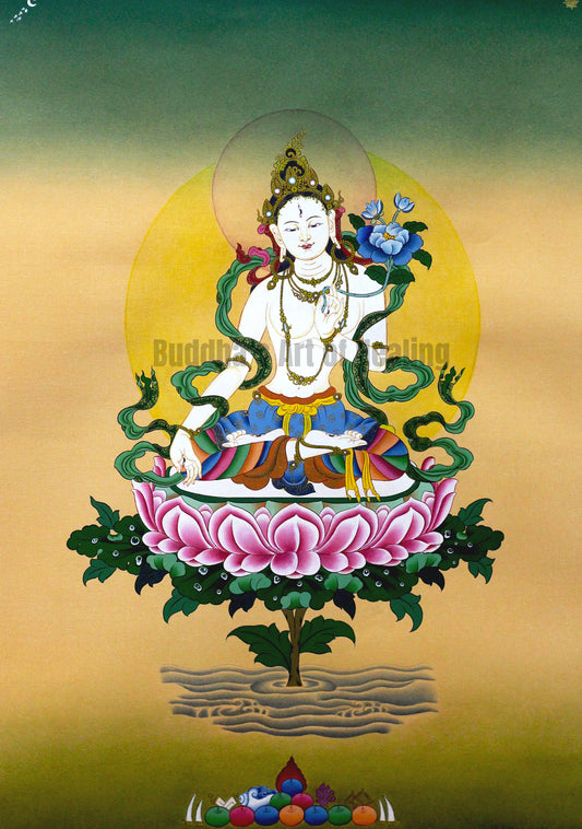 White Tara Thangka seated on a lotus with seven eyes and gold detailing
