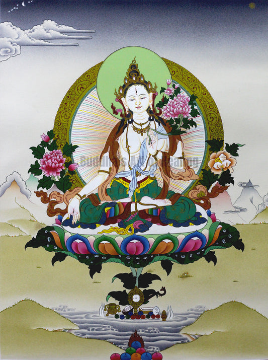 White Tara thangka painting with seven eyes, lotus throne, and Himalayan landscape