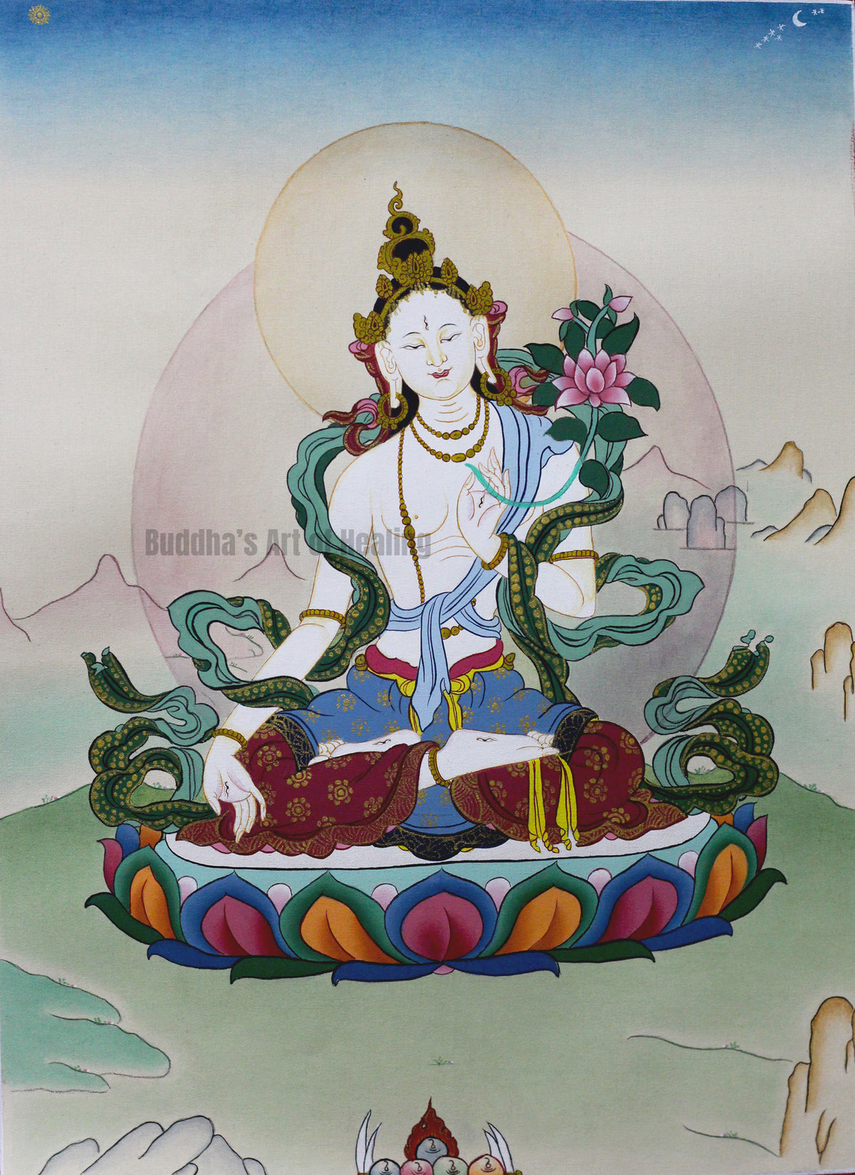 A traditional Buddhist thangka depicting a White Tara seated on a lotus pedestal, surrounded by green snakes and a pink lotus flower, with a pale blue sky background.